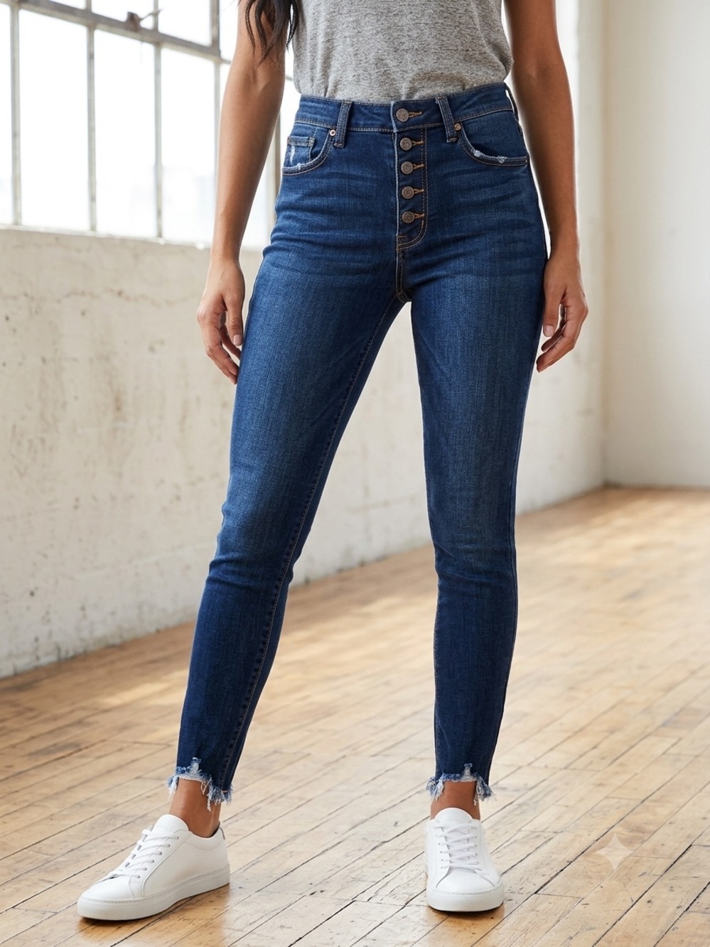 KanCan High-Rise Dark Blue Skinny Jeans with Frayed Hem